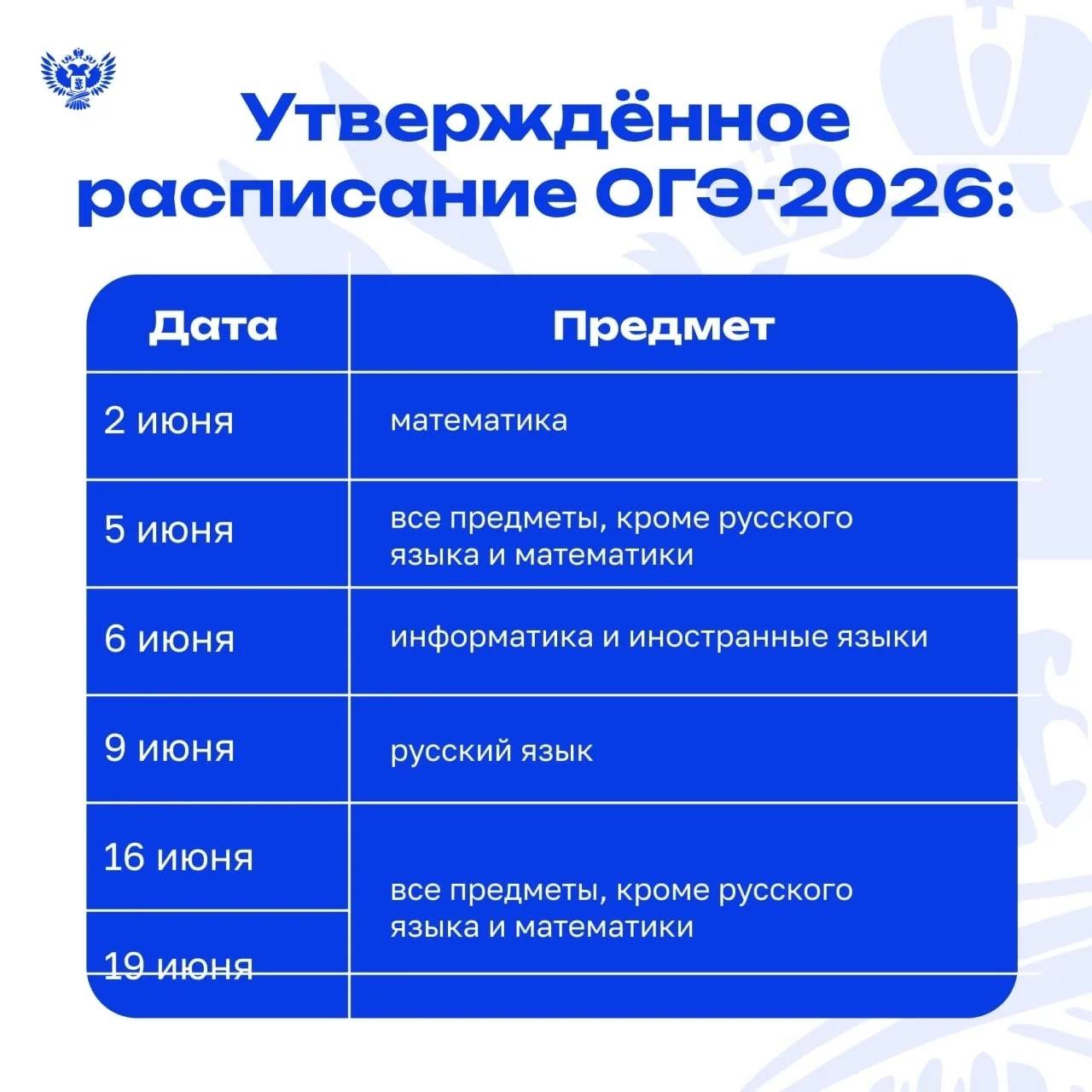 Утверждено расписание ЕГЭ и ОГЭ на 2026 год Утверждено расписание ЕГЭ и ОГЭ на 2026 год
