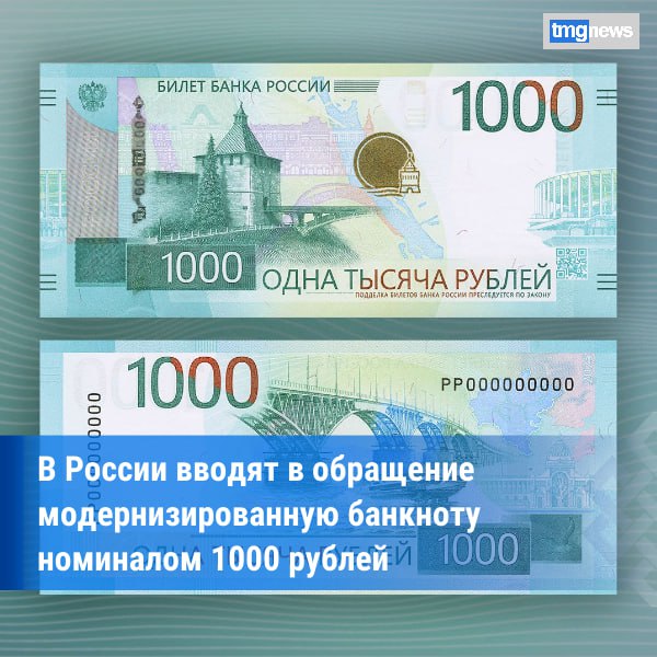 Банк России 26 декабря 2025 года вводит в обращение модернизированную банкноту номиналом 1000 рублей